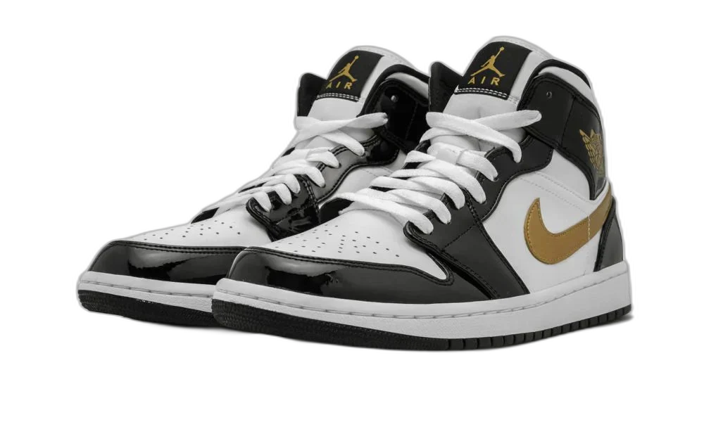 Jordan 1 Mid Patent Black White Gold