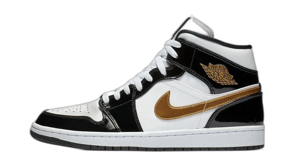 Jordan 1 Mid Patent Black White Gold